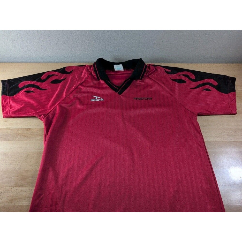 Vintage Score Mens Large Red Black Flames Firestorm Soccer Jersey Shirt USA 90s
